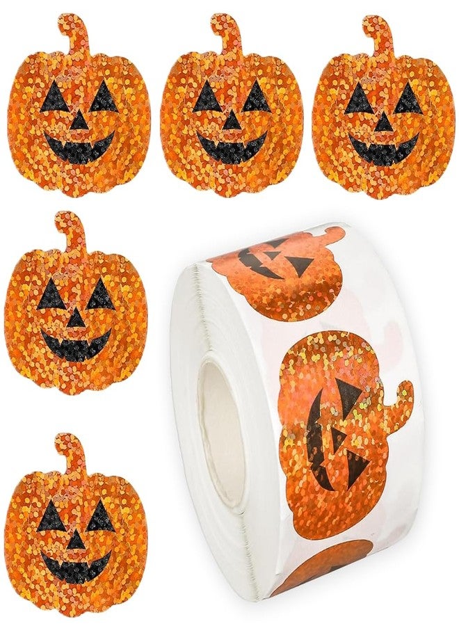 Hrnsnails 500Pcs Halloween Pumpkin Stickers Roll - Laser Pumpkin Face Shape Self-Adhesive Stickers,Orange Sparkly Waterproof Decals for Halloween Party Envelope Scrapbook Decor - Image 1